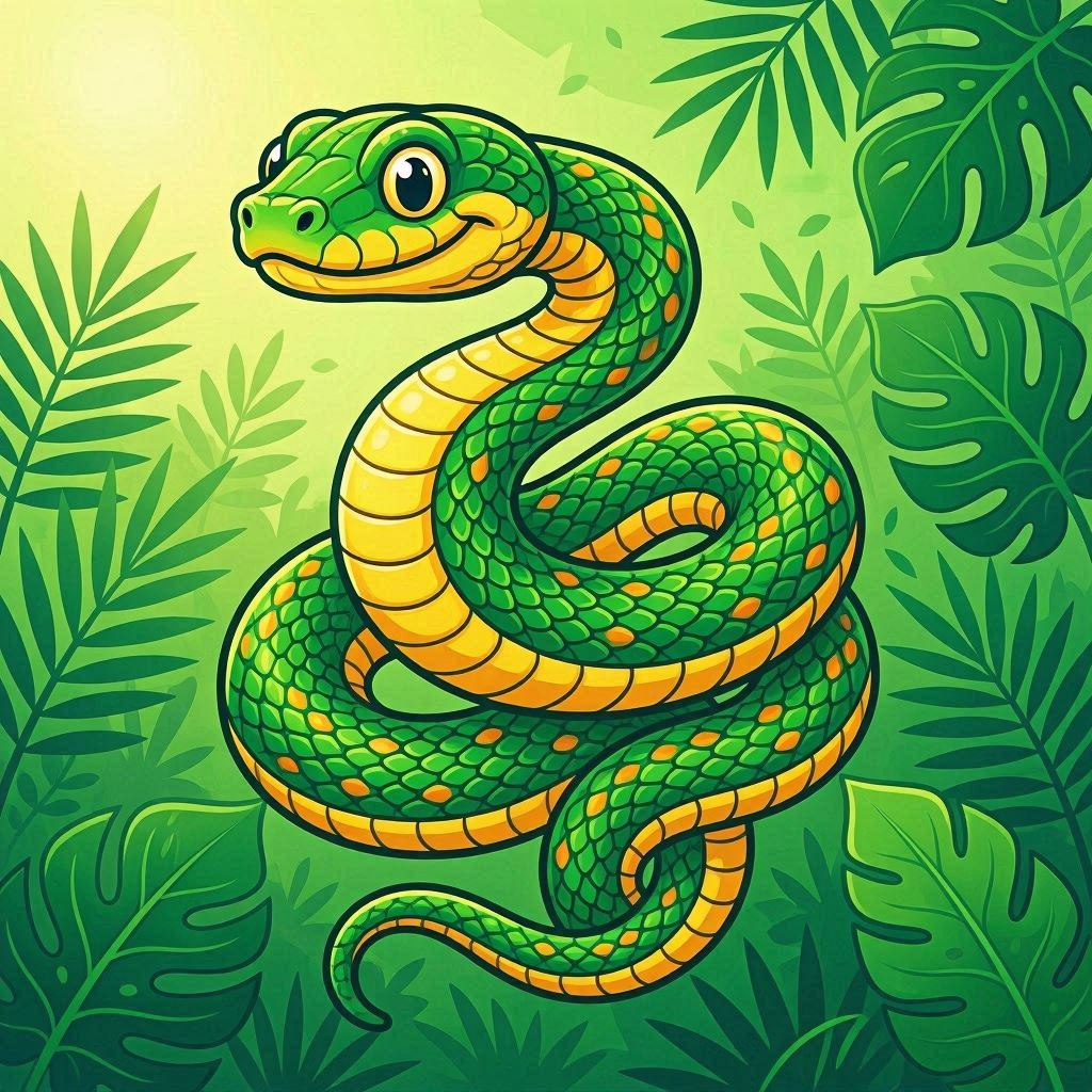 A stylized cartoon jungle snake with emerald-green scales, golden belly, and subtle orange spots, coiled around an invisible branch, wide-eyed and smiling, rendered in clean digital vector lines with tropical leaf silhouettes in the background, warm sunlight highlights, perfect for educational clipart.
