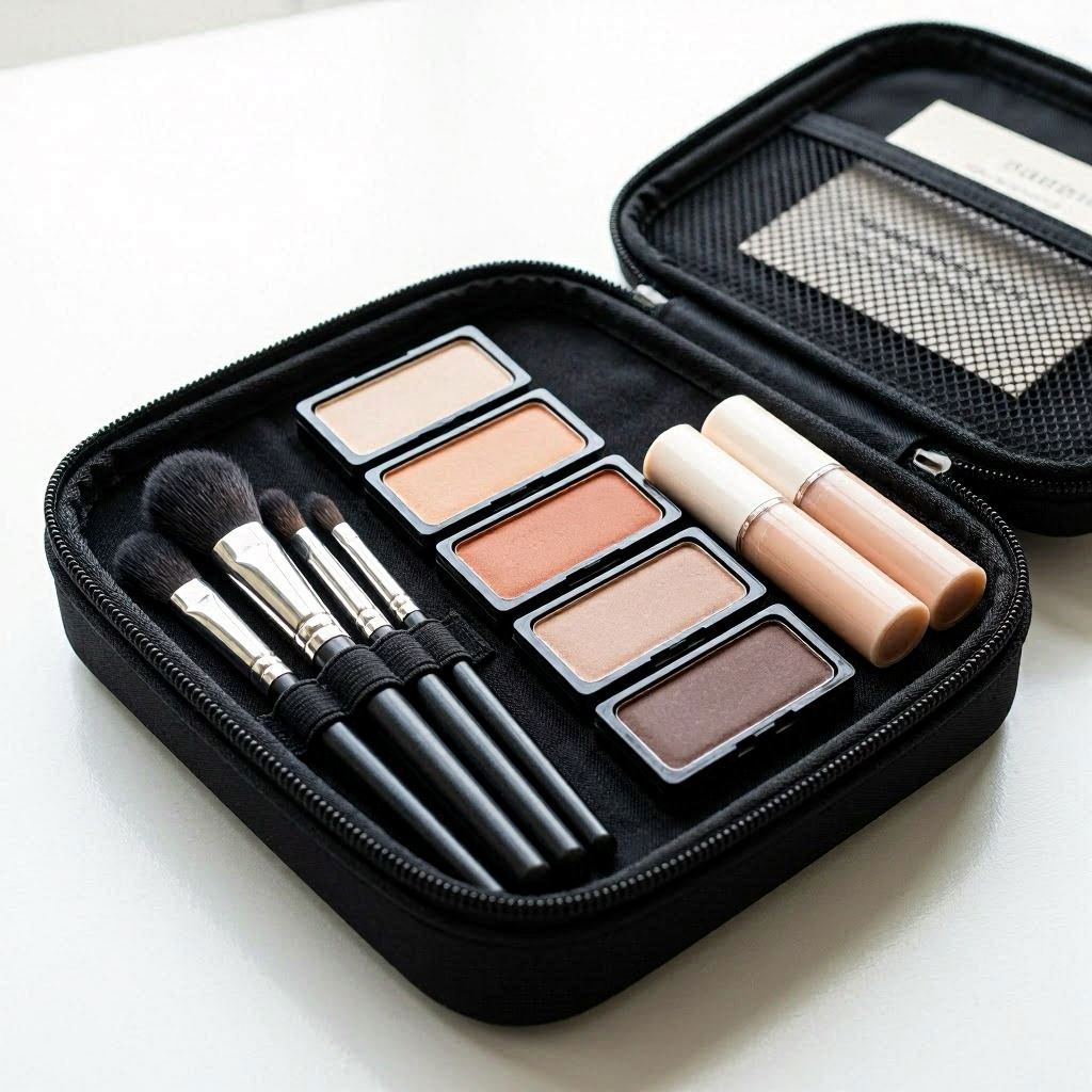 A compact travel makeup kit in a matte black zip case, opened to reveal neatly organized mini palettes, concealer sticks, and brushes, set against a minimalist white background with high-key lighting, captured with a 100mm macro lens for sharp product focus.