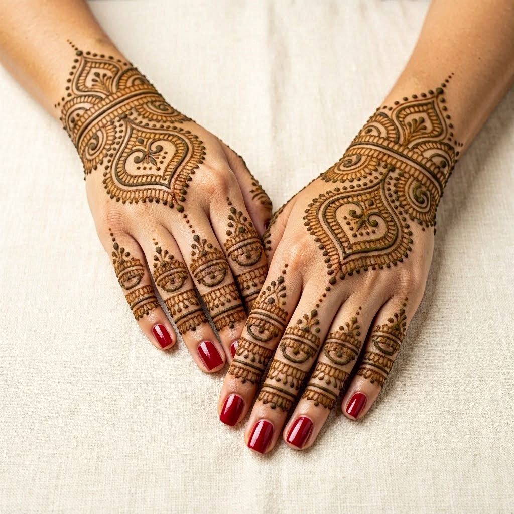 A graceful Arabic mehndi composition with heart shapes, bold strokes, and fine detailing, paired with deep red nail polish, resting on a pale textured surface, lit with diffused studio lighting, close-up shot using a 100mm macro lens to emphasize intricate linework.